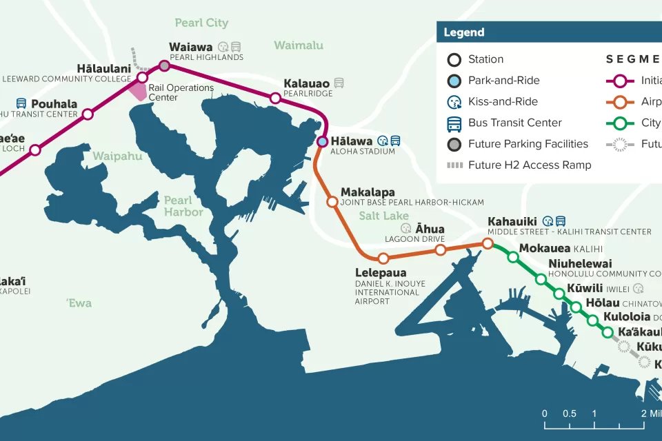 A system map of Skyline Mail, which circumvents the city of Honolulu.